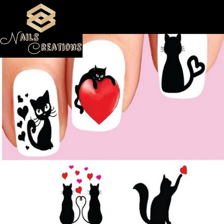 Black Kitty Cat with Hearts Assorted Set of 20 Waterslide Nail Decals - Nails Creations