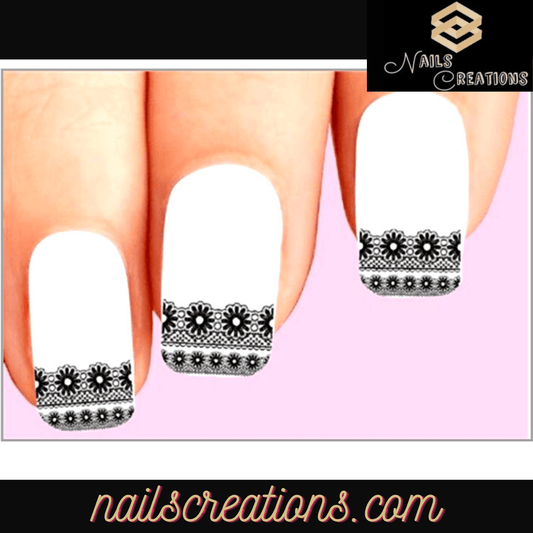 Black Lace Daisy Flowers Set of 10 Waterslide Nail Decals Tips - Nails Creations