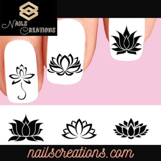 Black Lotus Flower Silhouette Assorted Set of 20 Waterslide Nail Decals - Nails Creations