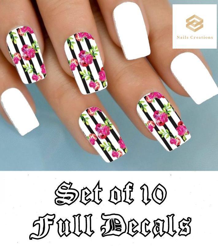 Black Stripes with Pink Roses Full Nail Decals Stickers Water Slides Nail Art - Nails Creations