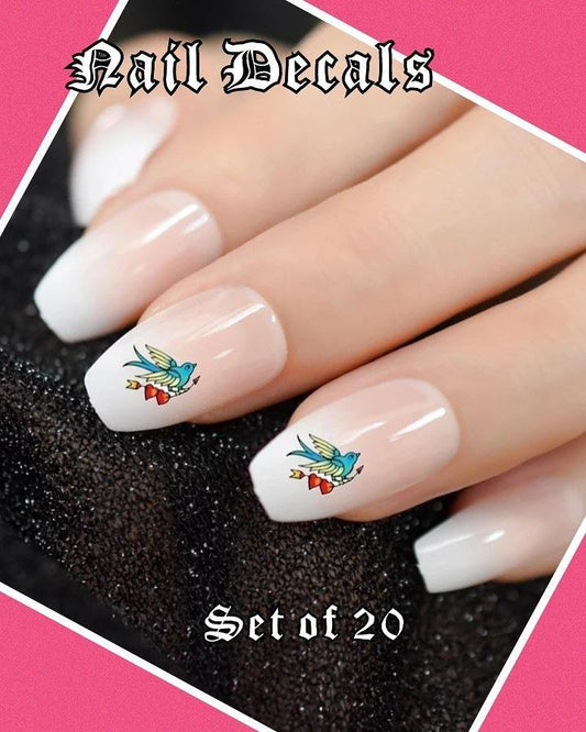 Blue Bird with Hearts and Arrow Nail Decals Stickers Water Slides Nail Art - Nails Creations