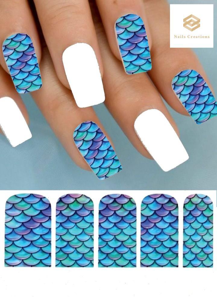 Blue Mermaid Tail Fish Scales Set of 10 Full Waterslide Nail Decal - Nails Creations