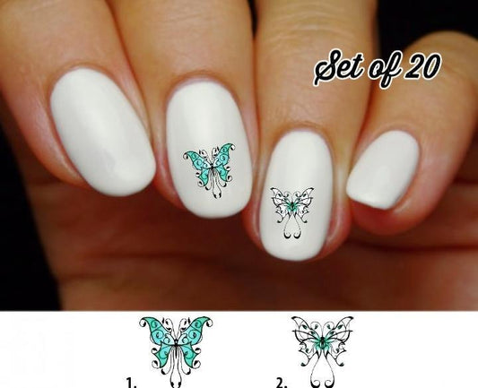 Butterfly Fancy Teal Blue Nail Decals Stickers Water Slides Nail Art - Nails Creations