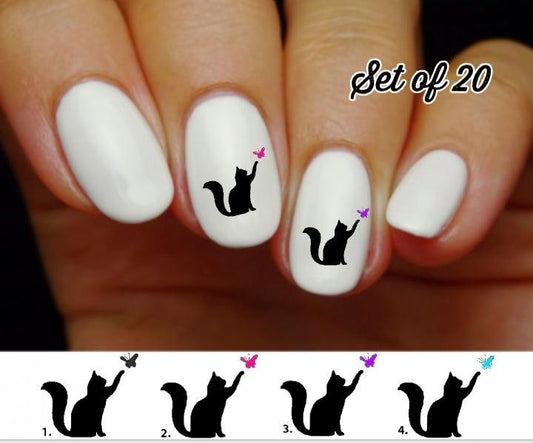 Cat with Butterfly Nail Decals Stickers Water Slides Nail Art - Nails Creations