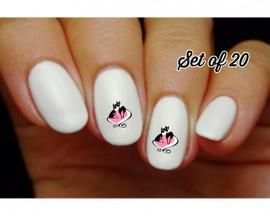 Cats with Pink Heart Nail Decals Stickers Water Slides Nail Art - Nails Creations