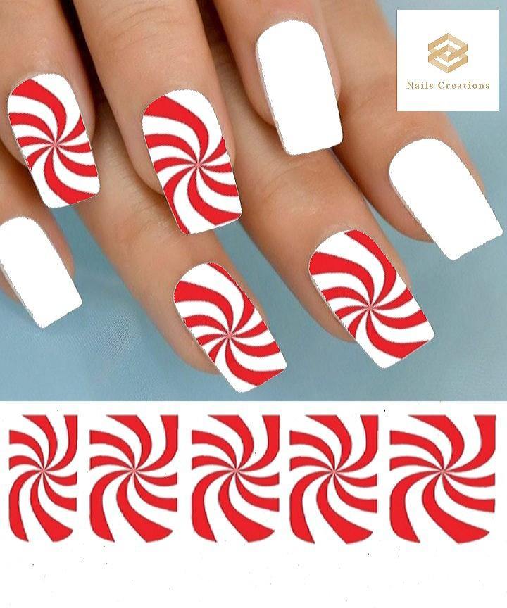 Christmas Holiday Candy Cane Peppermint Swirl Red & Clear Set of 10 Waterslide Full Nail Decals