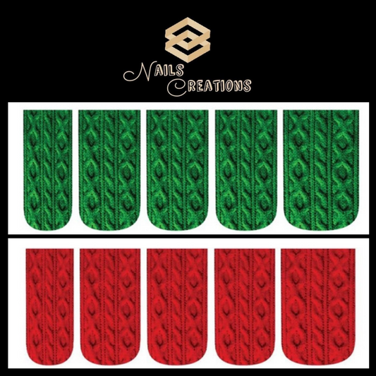 Christmas Holiday Green & Red Cable Knit Sweater Set of 10 Full Waterslide Nail Decals - Nails Creations