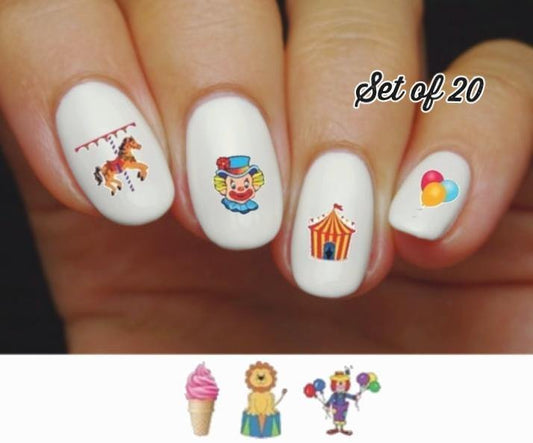 Circus Carnival Clown Horse Lion Balloons Assorted Nail Decals Stickers Water Slides Nail Art - Nails Creations