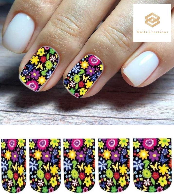 Colorful Flowers with Butterflies Full Nail Decals Stickers Water Slides Nail Art - Nails Creations