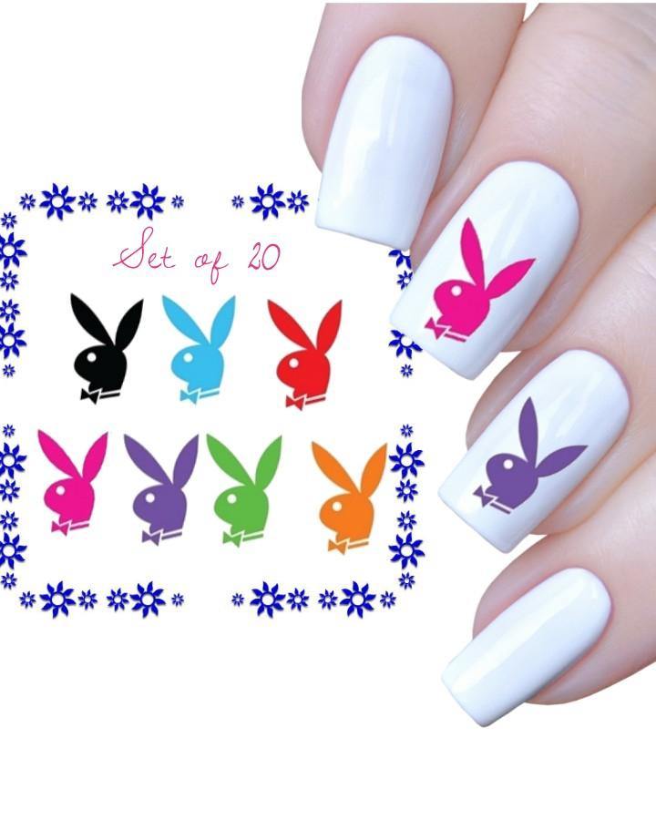 Colorful Playboy Bunny Set of 20 Waterslide Nail Decals - Nails Creations