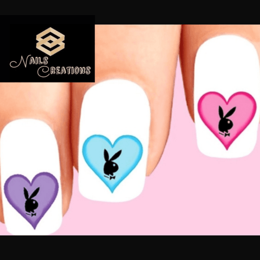 Colorful Playboy Bunny with Hearts Assorted Set of 20 Waterslide Nail Decals - Nails Creations