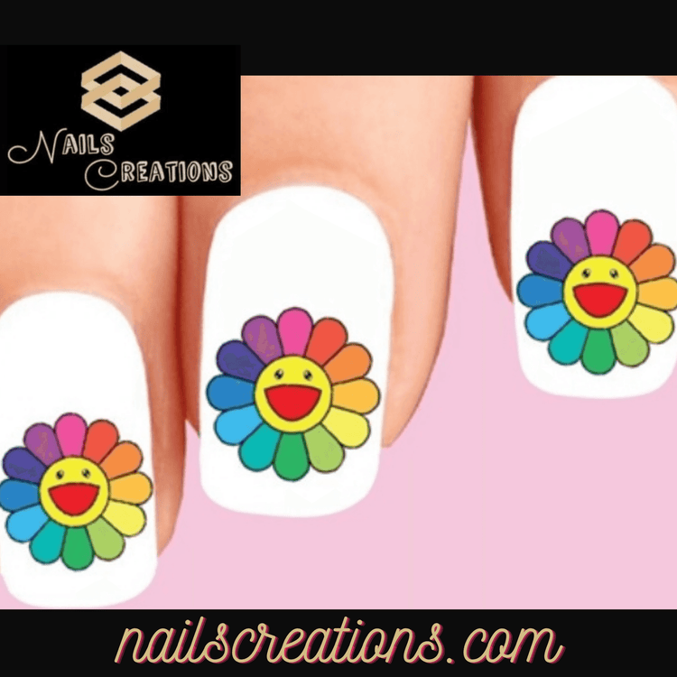 Colorful Smiley Face Takashi Murakami Flower Set of 20 Waterslide Nail Decals - Nails Creations