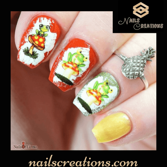 Cute Frogs on Mushrooms Assorted Set of 20 Waterslide Nail Decals - Nails Creations