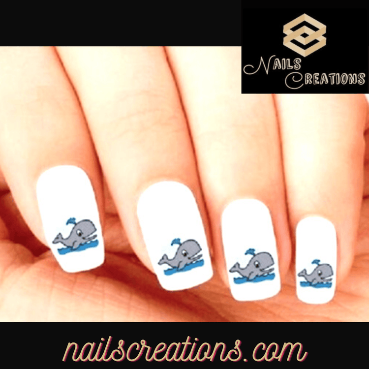 Cute Grey Whale Spouting Water Set of 20 Waterslide Nail Decals - Nails Creations