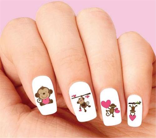 Cute Monkey with Pink Hearts Assorted Waterslide Nail Decals - Nails Creations