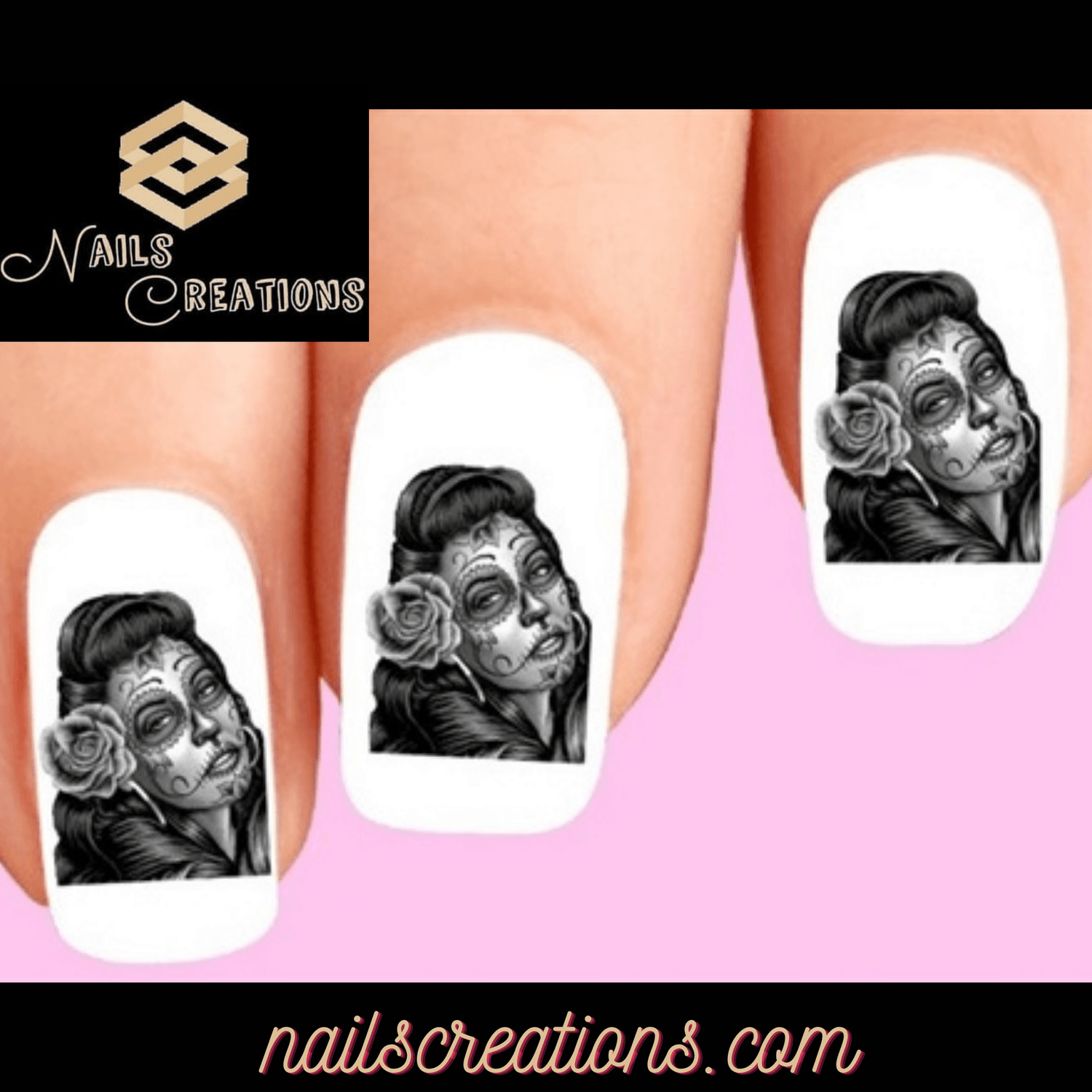 Day of the Dead Sugar Skull Girl with Rose Set of 20 Waterslide Nail Decals - Nails Creations