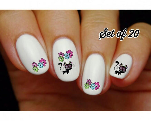 Day of the Dead Sugar Skull Kitty Cat Flowers Assorted Nail Decals Stickers Water Slides Nail Art - Nails Creations