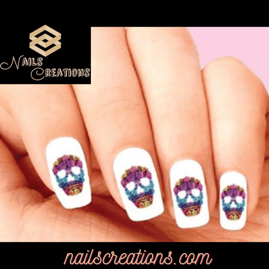 Day of the Dead Sugar Skull with Colorful Flowers Set of 20 Waterslide Nail Decals - Nails Creations