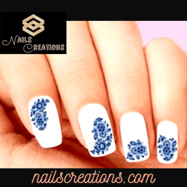 Delft Blue Flower Set of 20 Waterslide Nail Decals - Nails Creations