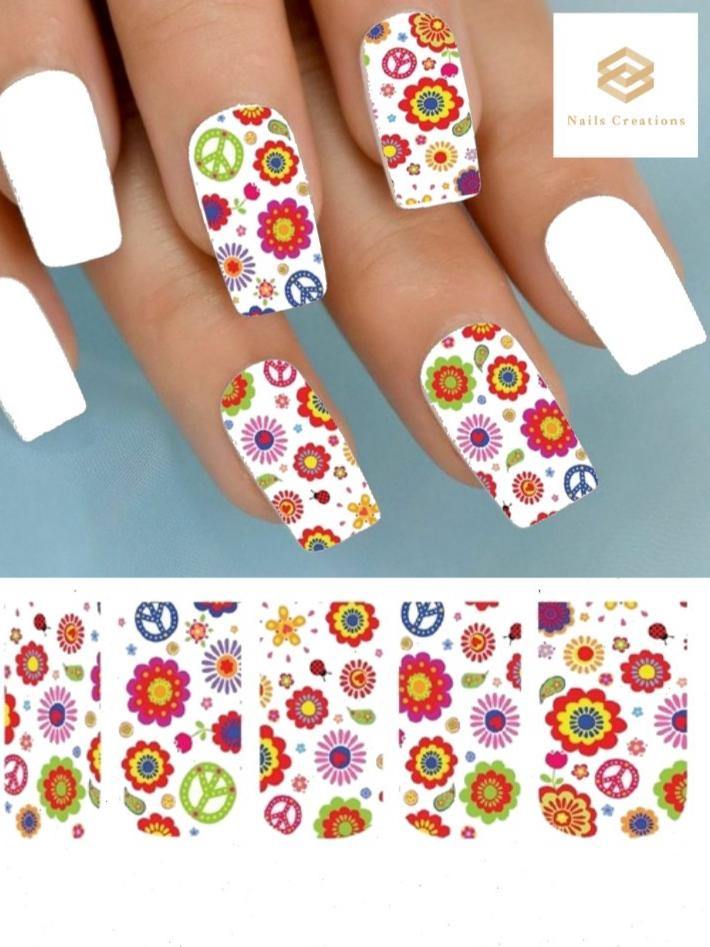 Flower Power Peace Set of 10 Waterslide Full Nail Decals - Nails Creations