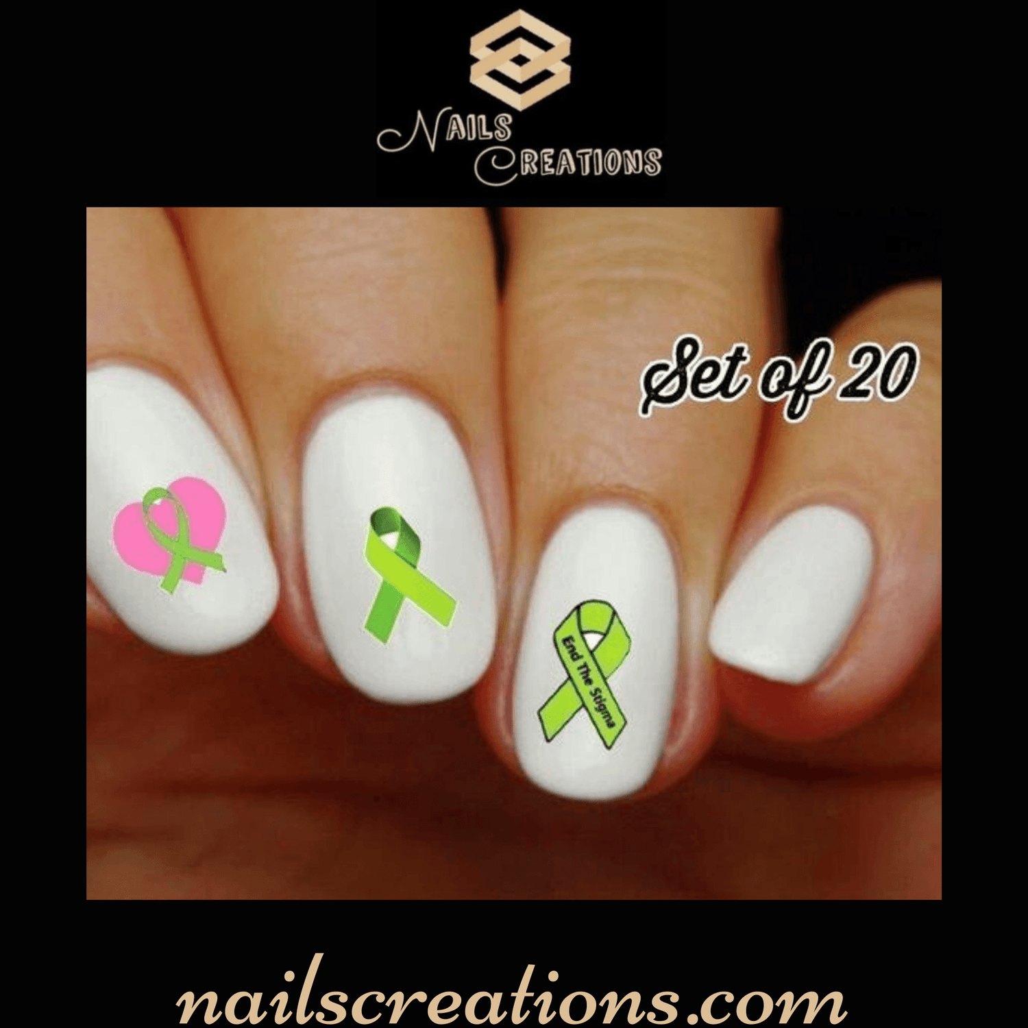 Green Mental Health Awareness Ribbon Assorted Nail Decals Stickers Water Slides Nail Art - Nails Creations