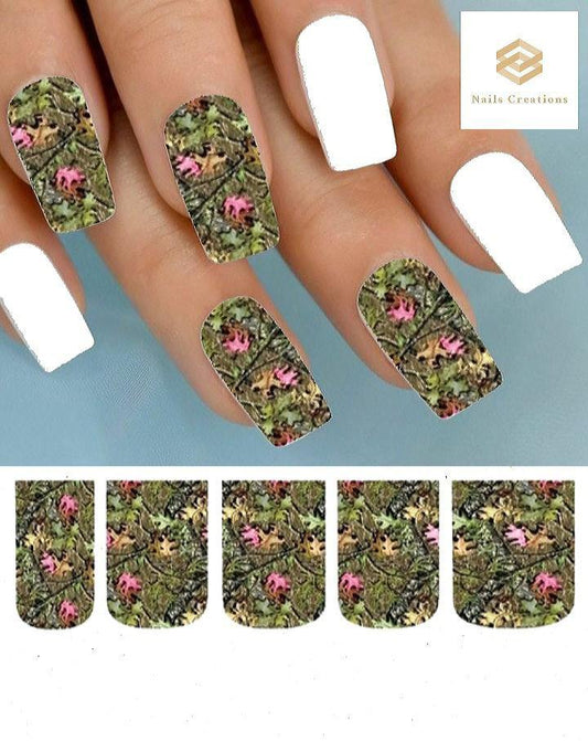 Green Pink Mossy Oak Camo Realtree Set of 10 Waterslide Full Nail Decals - Nails Creations