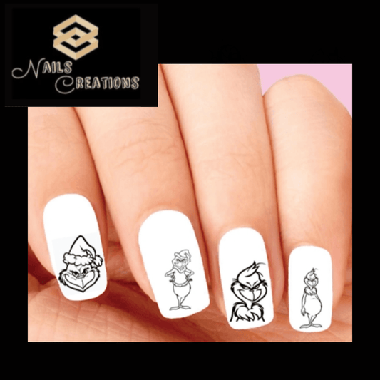 Grinch Christmas Black & Clear Silhouette Assorted Set of 20 Waterslide Nail Decals - Nails Creations