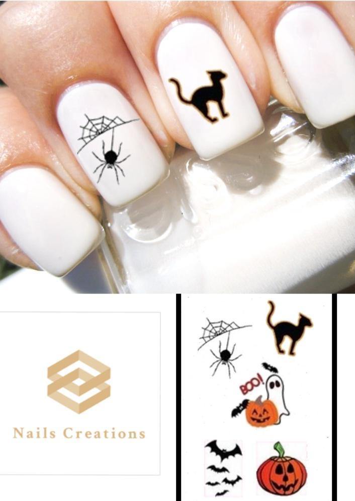 Halloween Assorted Black Cat, Ghost, Spider Web, Bats and Pumpkin Nail Decals Stickers Water Slides Nail Art - Nails Creations