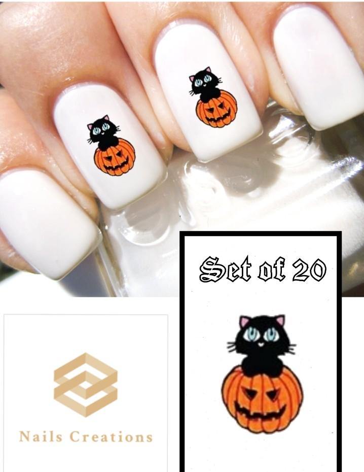 Halloween Black Cat in Pumpkin Nail Decals Stickers Water Slides Nail Art - Nails Creations