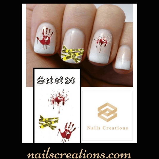 Halloween Crime Scene Tape Bloody Hand Print Assorted Nail Decals Stickers Water Slides Nail Art - Nails Creations