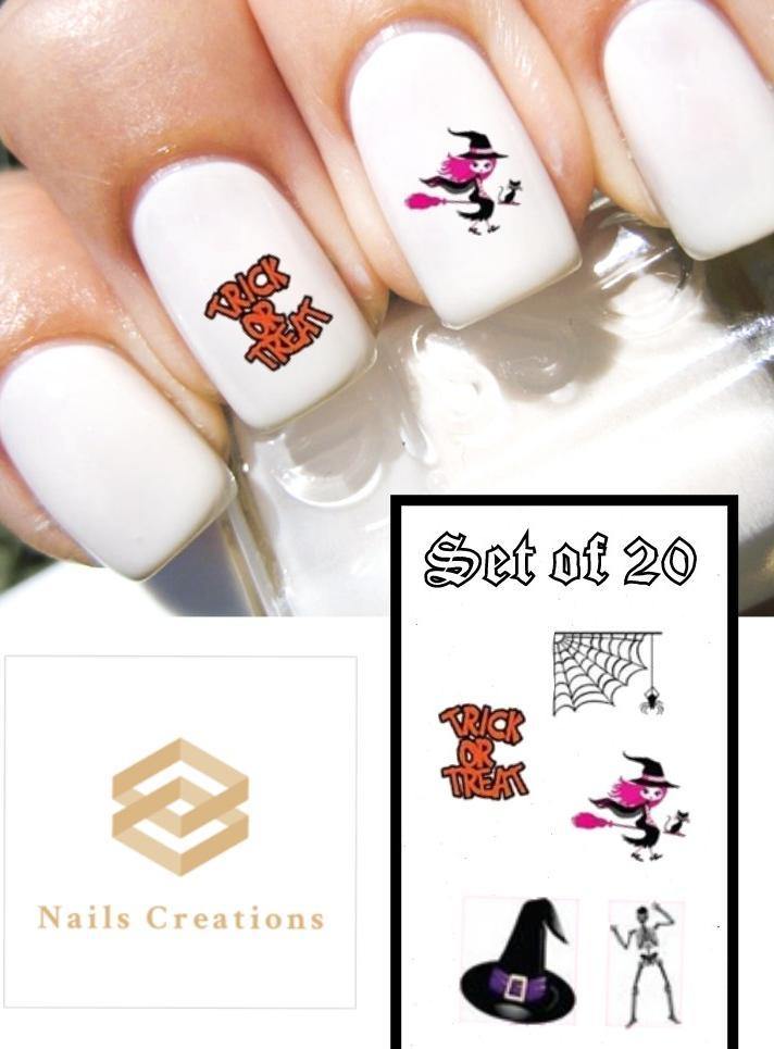 Halloween Pink Witch, Trick or Treat, Spider Web & Skeleton Assorted Nail Decals Stickers Water Slides Nail Art - Nails Creations