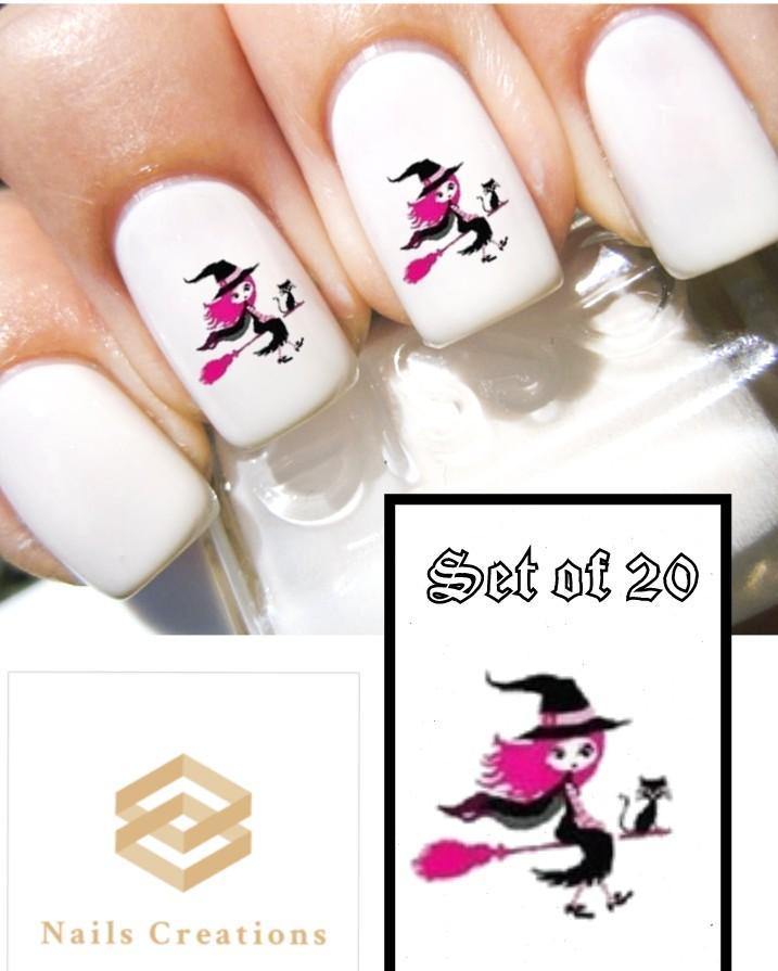 Halloween Pink Witch with Black Cat Nail Decals Stickers Water Slides Nail Art - Nails Creations