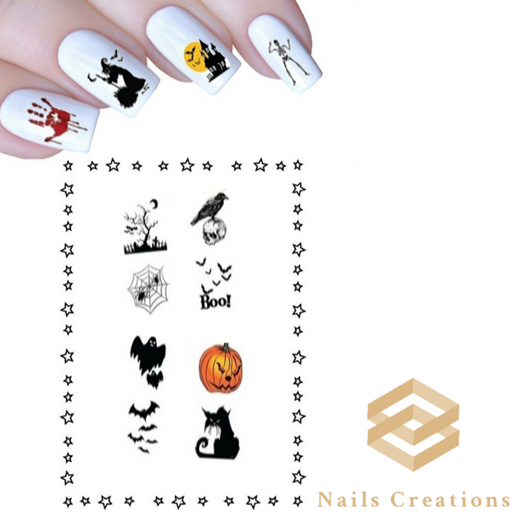 Halloween Witch Ghosts Black Cat Bloody Hand Skeleton Assorted Set of 48 Waterslide Nail Decals - Nails Creations