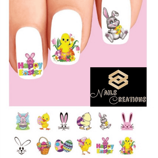 Happy Easter Bunny Basket Chick Eggs Assorted Set of 48 Waterslide Nail Decals - Nails Creations