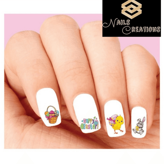 Happy Easter Bunny, Chick & Eggs in Basket Assorted #1 Set of 20 Waterslide Nail Decals - Nails Creations