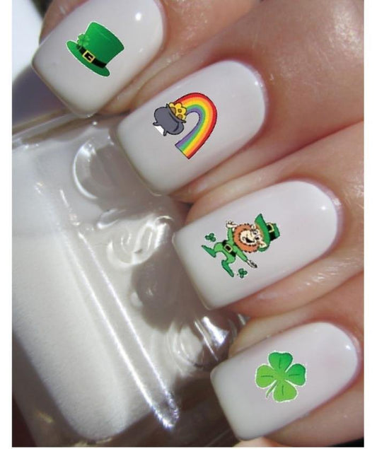 Happy St Patrick's Day Shamrock Leprechaun Rainbow Pot of Gold Set of 20 Assorted Waterslide Nail Decals - Nails Creations