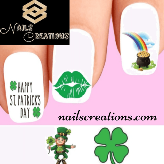 Happy St Patrick's Day Shamrock Leprechaun Rainbow Pot of Gold Set of 20 Assorted Waterslide Nail Decals - Nails Creations