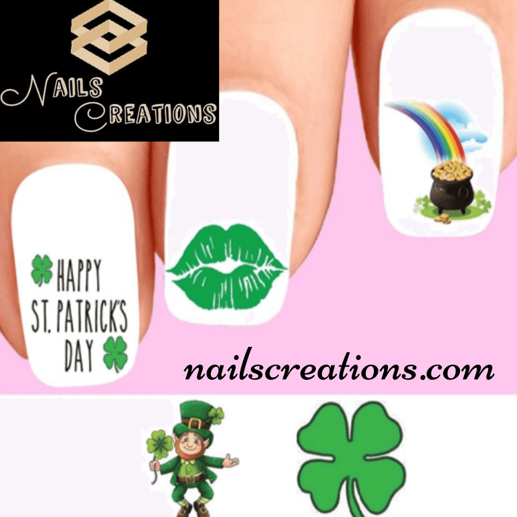 Happy St Patrick's Day Shamrock Leprechaun Rainbow Pot of Gold Set of 20 Assorted Waterslide Nail Decals - Nails Creations