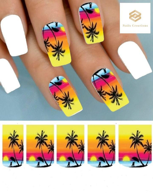 Hawaiian Beach Sunset with Palm Trees Set of 10 Full Waterslide Nail Decals - Nails Creations