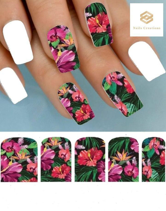 Hawaiian Colorful Hibiscus Palm Set of 10 Waterslide Full Nail Decals - Nails Creations