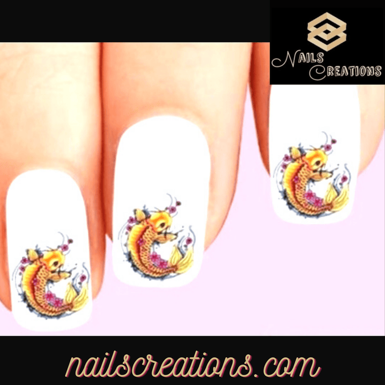 Japanese Tattoo Koi with Cherry Blossoms Set of 20 Waterslide Nail Decals - Nails Creations