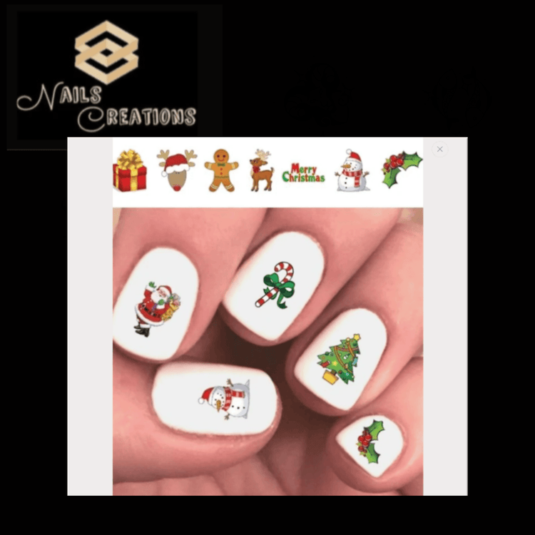 Merry Christmas Holiday Santa, Reindeer, Candy Cane, Snowman, Holly Assorted #2 Waterslide Nail Decals - Nails Creations