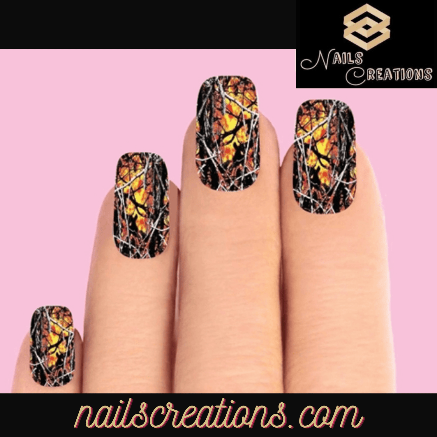 Orange Oak Fire Realtree Mossy Camo Set of 10 Waterslide Full Nail Decals - Nails Creations