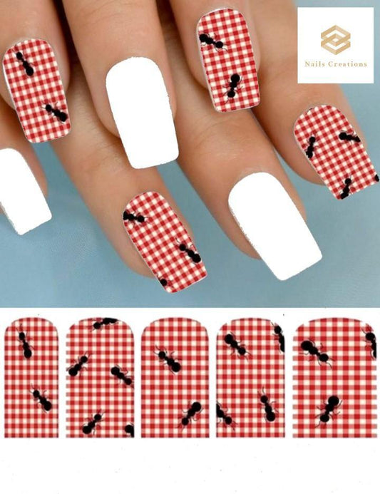 Picnic Red Plaid Tablecloth with Ants Set of 10 Waterslide Full Nail Decals - Nails Creations