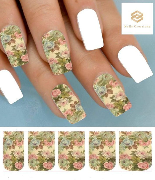 Pink & Taupe Vintage Roses Full Nail Decals Stickers Water Slides Nail Art - Nails Creations
