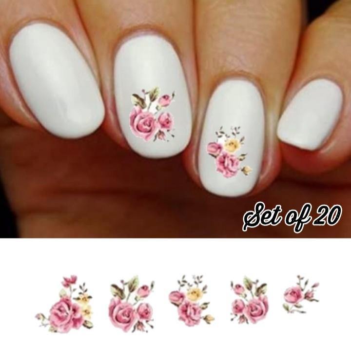 Pink and Yellow Roses Assorted Flowers Nail Decals Stickers Water Slides Nail Art - Nails Creations
