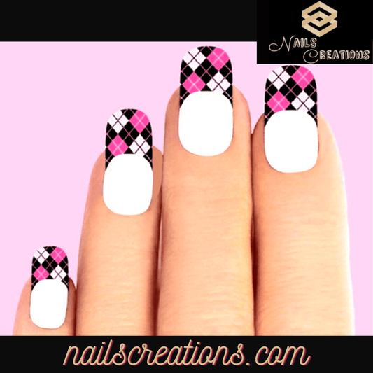 Pink Argyle Set of 10 Waterslide Nail Decals Tips - Nails Creations