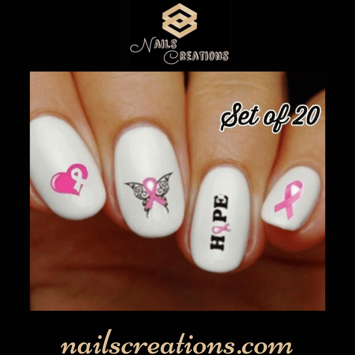 Pink Awareness Ribbon Breast Cancer Heart Hope Butterfly Nail Decals Stickers Water Slides Nail Art - Nails Creations