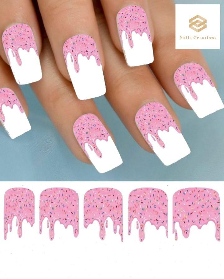 Pink Dripping Icing with Sprinkles Set of 10 Full Waterslide Nail Decals - Nails Creations