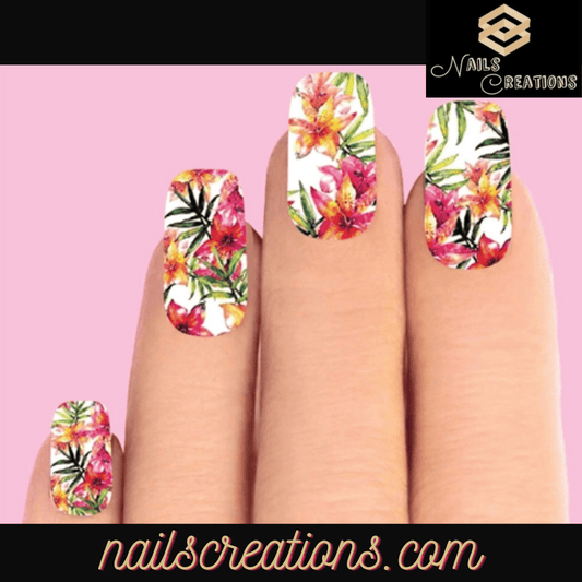 Pink Lilies with Palms Set of 10 Waterslide Full Nail Decals - Nails Creations